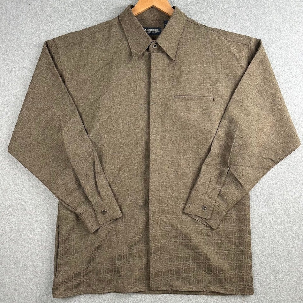 Montique Mens Long Sleeve Button Down Shirt Brown Textured‎ Casual XL Dress Work